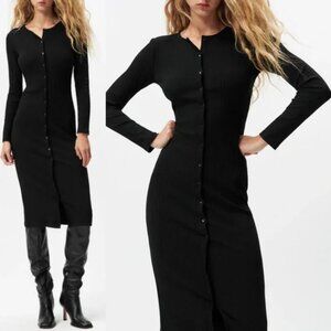 Zara Black Ribbed Long Sleeve Button Down Midi Dress Size L